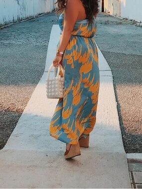 House of Harlow 1960 Light Blue and Mustard Yellow Print Dress